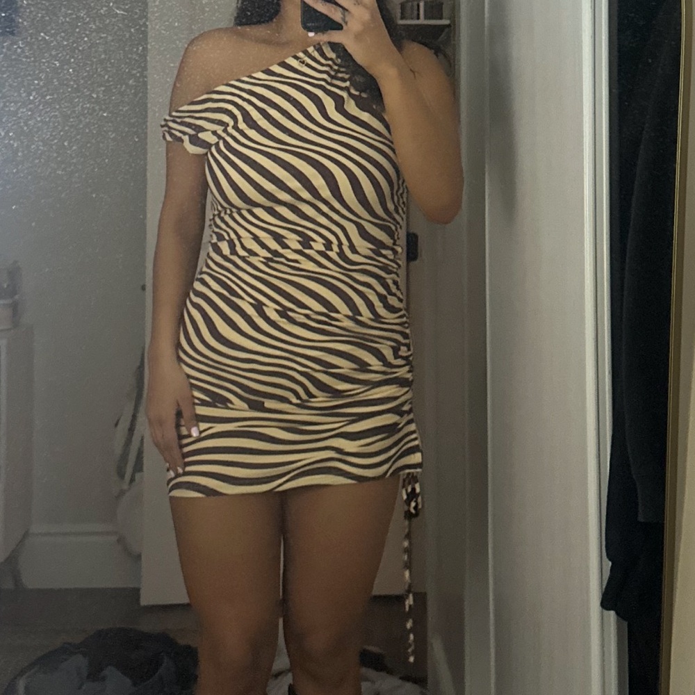 White Fox Boutique Tan Asymmetrical Bodycon Midi Dress